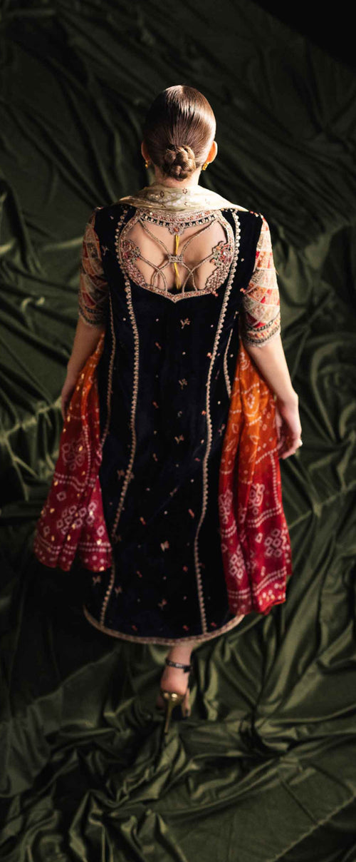 Qalamkar - Zola Embroidered Velvet Shirt with Gotta Laces and Intricate Panels for Women - Womenswear (QAL-0002)